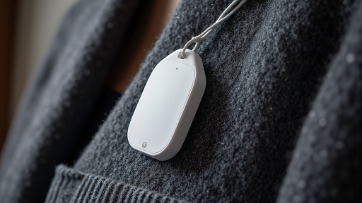 Find My防丢方案产品图，展示小型低功耗防丢器外观，适用于宠物防丢器和资产追踪器等应用场景